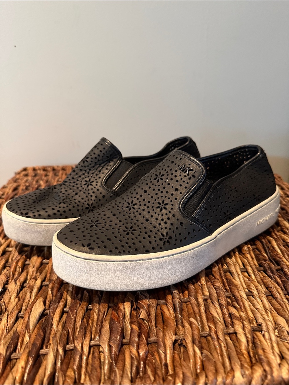 Michael Kors Black Perforated Slip-On Sneakers with White Platform